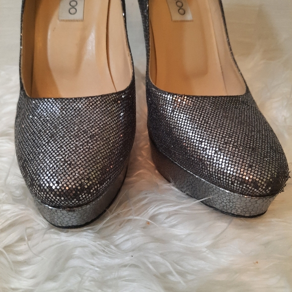 Jimmy Choo Silver black shimmer Platform heels sz 38.5 8.5 Italy - Picture 5 of 11